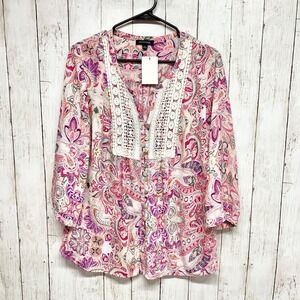 Notations MDOB0112 Blouse Womens Size L Pink Paisley Crochet Lace Boho Top
